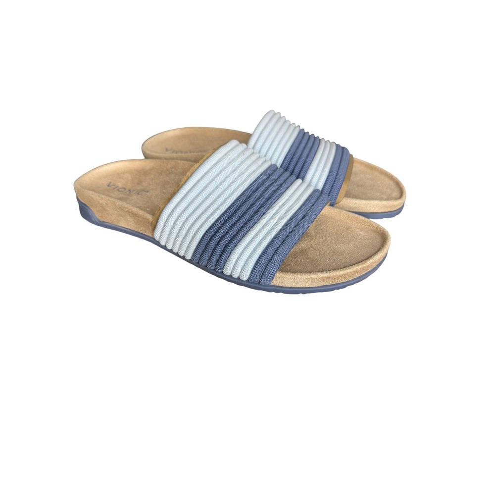Vionic Evie Knit Slide Sandals Blue White Striped Orthotic Comfort Women Size 10